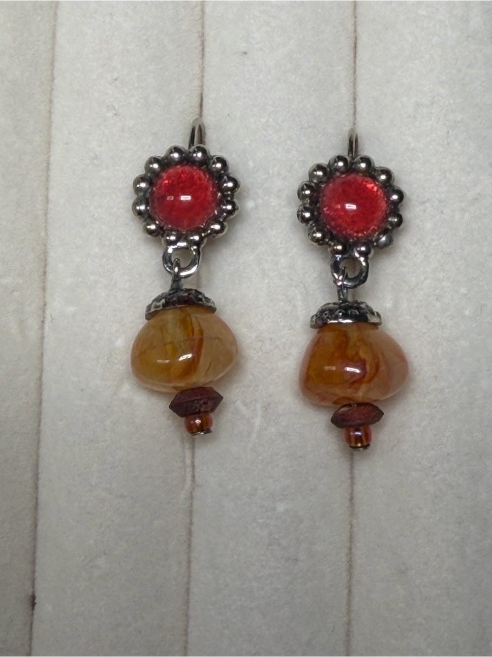 Red & Amber Bead Drop Earrings